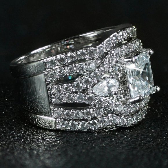 NEW 18K White Gold Princess Cut Diamond 3PC Ring x - Picture 10 of 15
